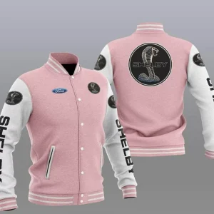 Pink White Ford Shelby Car Baseball Varsity Jacket