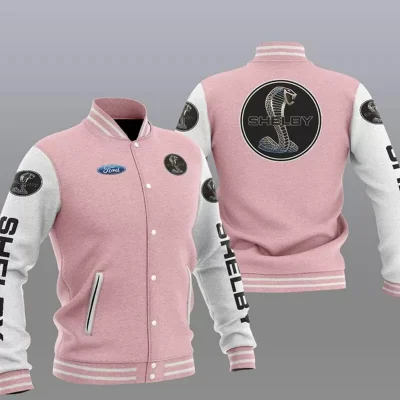 Pink White Ford Shelby Car Baseball Varsity Jacket