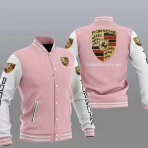 Pink White Porsche Car Baseball Varsity Jacket