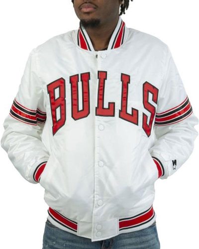 Striped Chicago Bulls White Satin Jacket