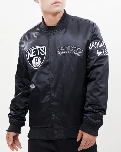 Brooklyn Nets Chest Hit Logo Satin Black Jacket