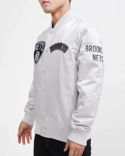 Brooklyn Nets Chest Hit Logo Satin White Jacket