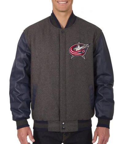 Columbus Blue Jackets Letterman Grey and Blue Jacket