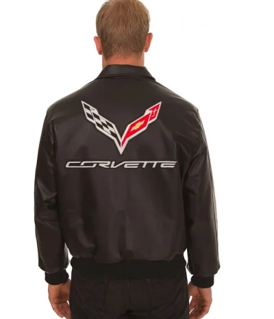 Corvette Embroidered Shirt Collar Black Leather Jackets