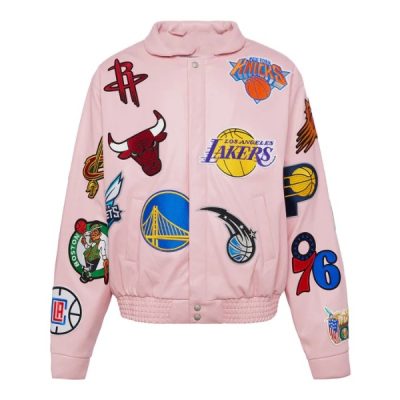 NBA Collage Vegan Leather Pink Jacket