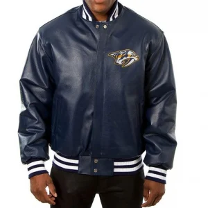 Nashville Predators Bomber Navy Blue Leather Jacket