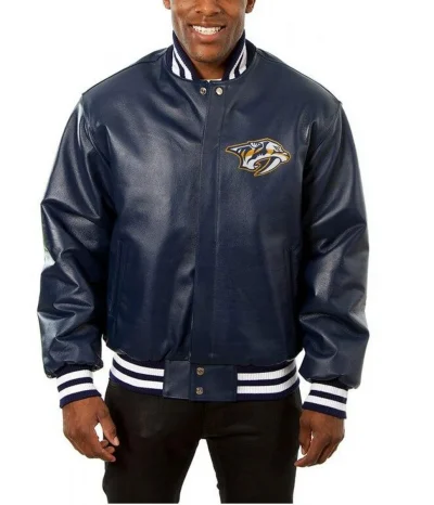 Nashville Predators Bomber Navy Blue Leather Jacket