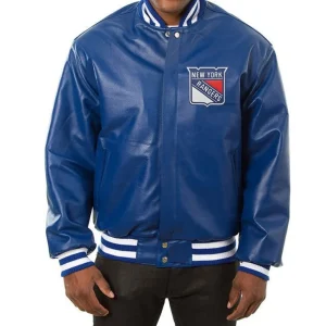 New York Rangers Varsity Bomber Blue Leather Jacket