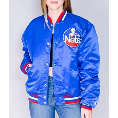 Royal Blue New Jersey Nets Satin Bomber Jacket