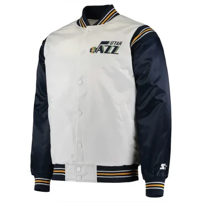 Utah Jazz Renegade Varsity White & Navy Satin Jacket