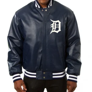 Varsity Detroit Tigers Navy Blue Leather Jacket