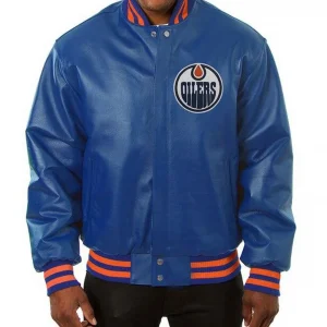 Varsity Edmonton Oilers Royal Blue Leather Jacket
