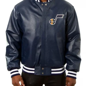 Varsity Utah Jazz Navy Blue Leather Jacket