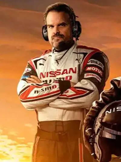 David Harbour Gran Turismo 2023 Jack Salter White Racer Leather Jacket