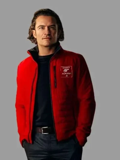 Orlando Bloom Gran Turismo 2023 Danny Moore Red Puffer Jacket