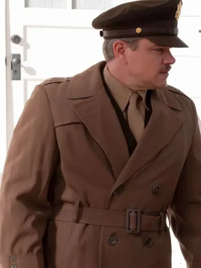 Matt Damon Oppenheimer 2023 Leslie Groves Brown Trench Coat