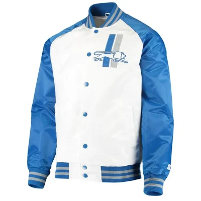 Detroit Lions Clean Up Throwback White/Blue Full-Snap Varsity Satin Jacket