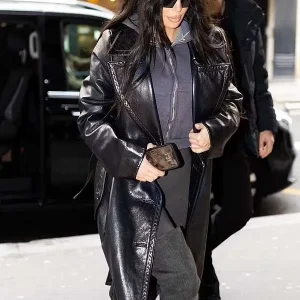 American Media Personality Kim Kardashian Black Leather Trench Coat