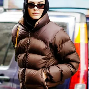 American Actress Kim Kardashian Brown Puffer Jacket