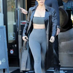 Kim Kardashian Lunch With Mom Kris Jenner Black Leather Trench Coat