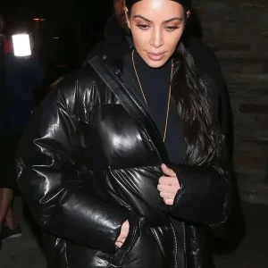American Media Personality Kim Kardashian Sleek Black Puffer Leather Jacket