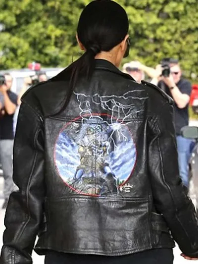 Kim Kardashian Street Style Graphic Print Black Biker Leather Jacket