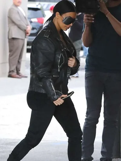 Kim Kardashian Street Style Graphic Print Black Biker Leather Jacket