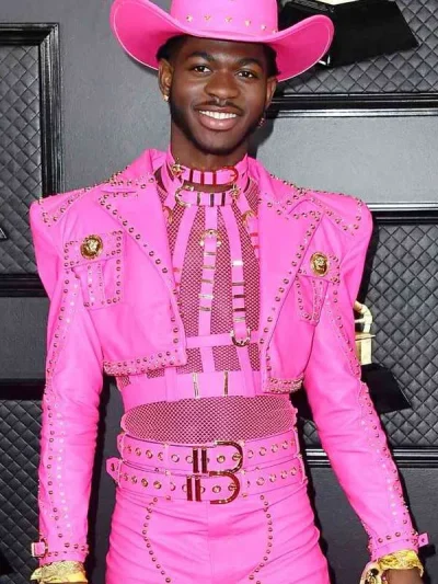 American Rapper Lil Nas X Grammy Costume Pink Studded Cropped Leather Jacket