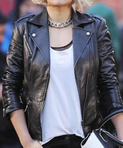 British Singer-Songwriter Rita Ora Black Biker Leather Jacket