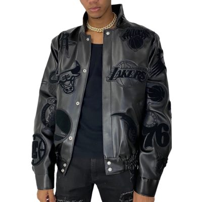 NBA Collage Vegan Leather Patches Jacket