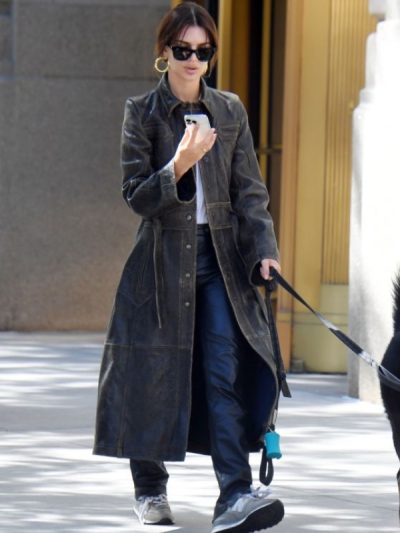 NYC Street 2023 Emily Ratajkowski Long Brown Leather Coat