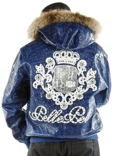 Pelle Pelle Mens Crocodile Skin Fur Hooded Blue Leather Jacket