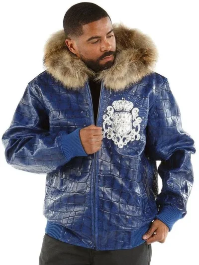 Pelle Pelle Mens Crocodile Skin Fur Hooded Blue Leather Jacket