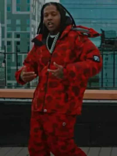 Lil Durk Smurk Carter Bape Red Color Camo Hooded Puffer Jacket