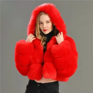 Cropped Red Faux Fur Puffer Jacket