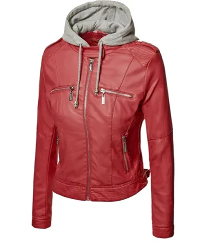 Slim Fit Hooded Red Leather Jacket