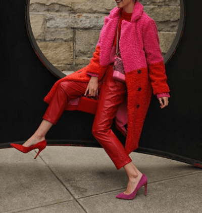 Color Block Red and Pink Shearling Long Coat