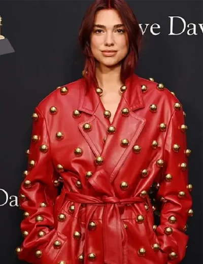 Pre-grammy Gala 2024 Dua Lipa Red Leather Coat