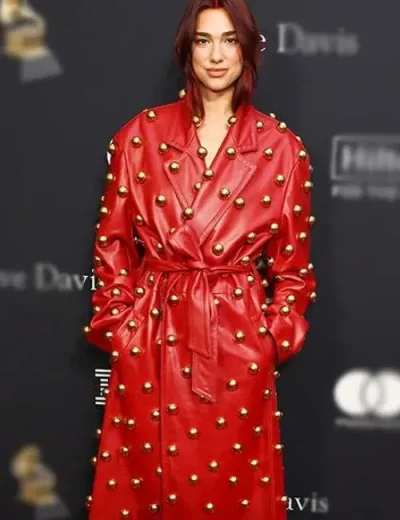 Pre-grammy Gala 2024 Dua Lipa Red Leather Coat
