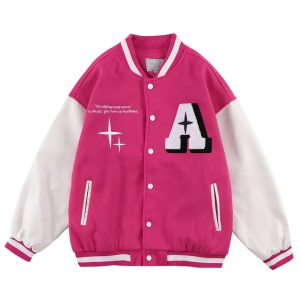 Tideeku Pink And White Wool Shine Letterman Jacket