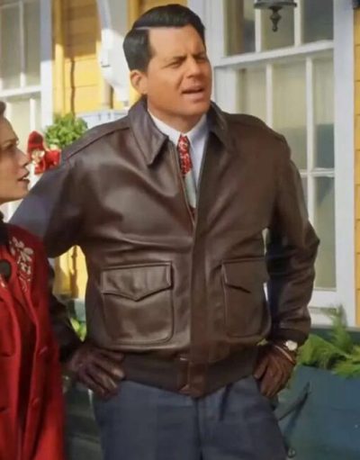 A Biltmore Christmas 2023 Kristoffer Polaha Brown Leather Jacket