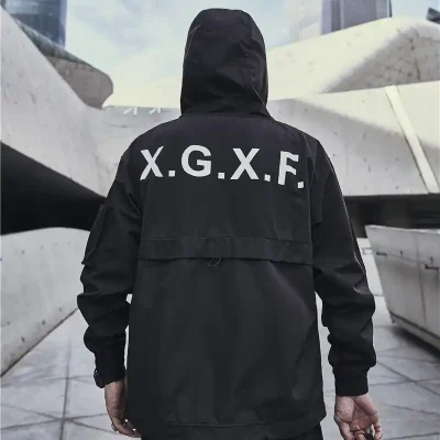 Black Cargo Windbreaker Jacket Pullover