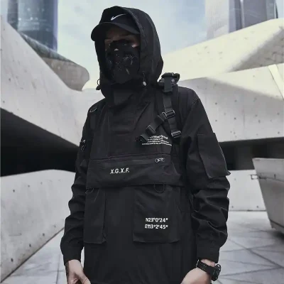 Black Cargo Windbreaker Jacket Pullover