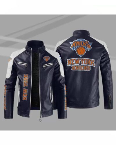 Blue White New York Knicks Nba Block Leather Jacket