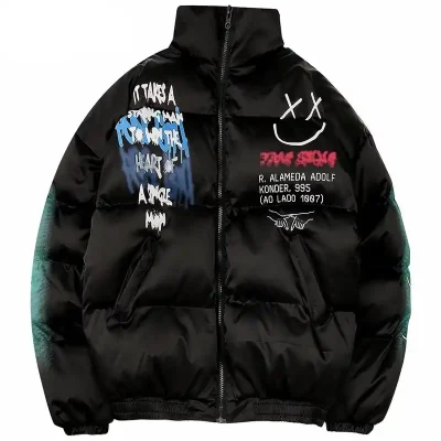 Men’s Happy Graffiti Print Puffer Jacket