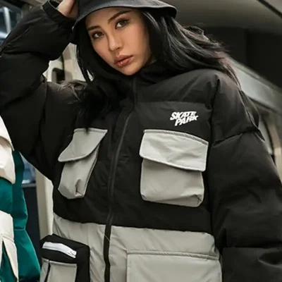 Multi Pockets Patchwork Hooded Parka