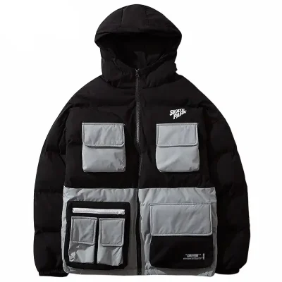 Multi Pockets Patchwork Hooded Parka