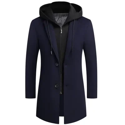 Men’s Winter Wool Long Hooded Trench Coat