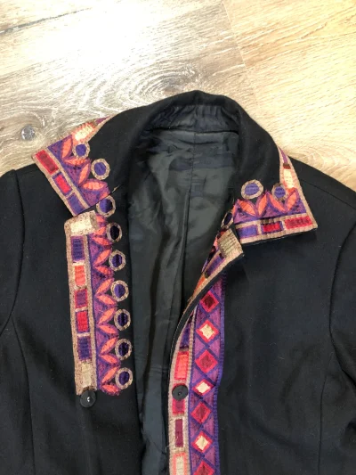 Black Wool Car Coat With Flower Embroidered Coat
