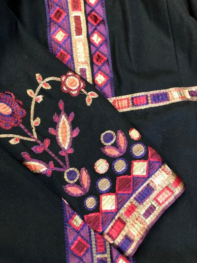 Black Wool Car Coat With Flower Embroidered Coat